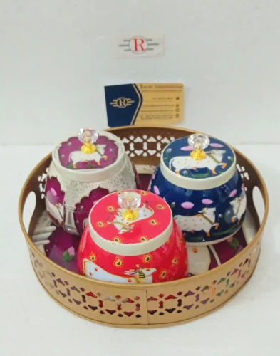 Metal Gifting Pichwai Printed Tray With 3 Dry Fruits Jars by rayan international