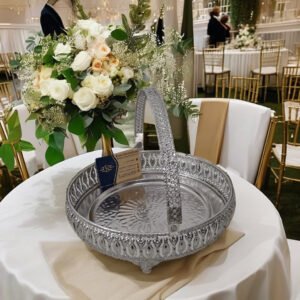 Multipurpose Use Floral Pattern Glossy Finish Cutwork Decorative Silver Basket