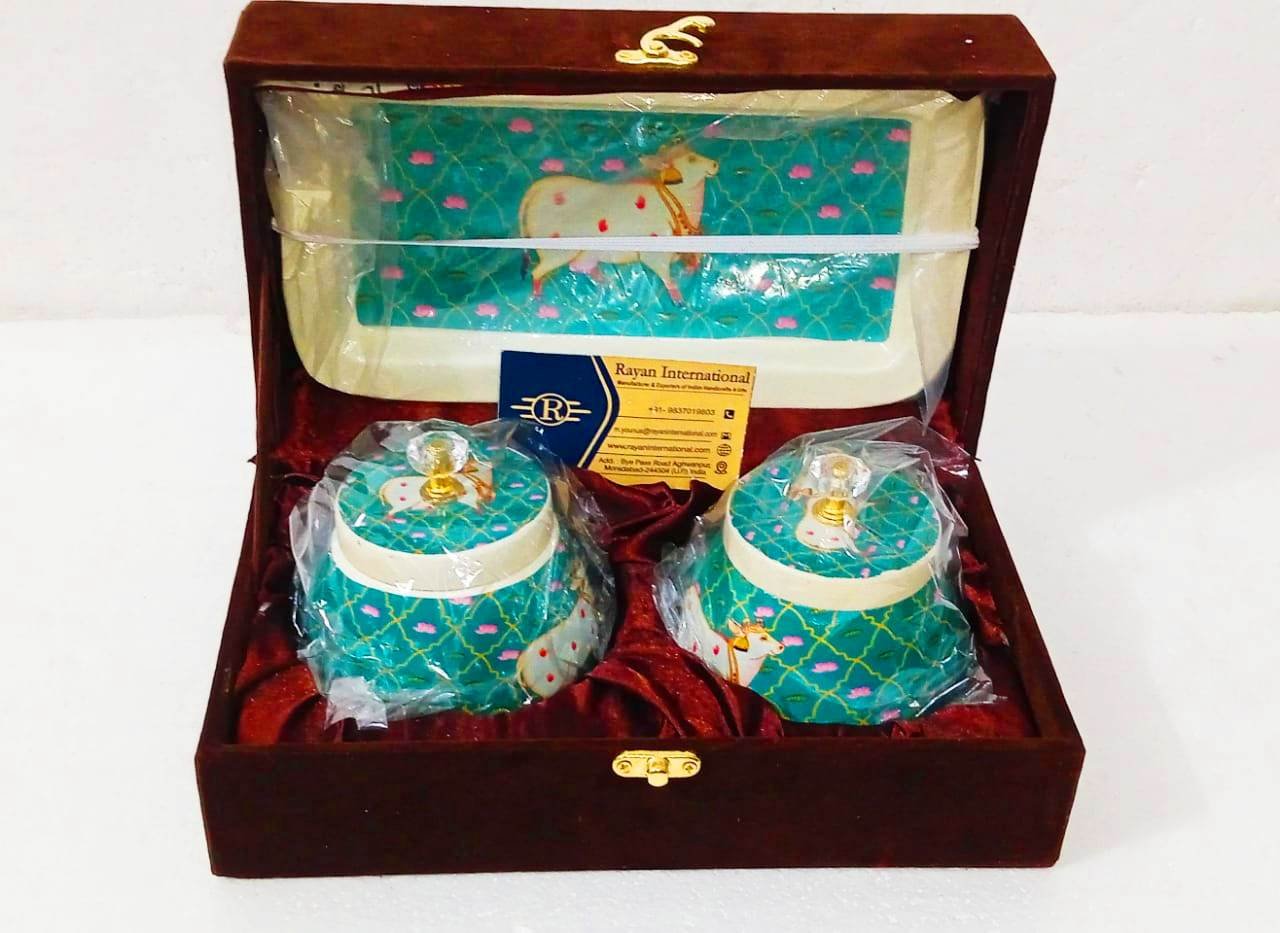 Metal Pichwai Printed Tray With 2 Pichwai Dry Fruits Jars For Diwali Gifts - Image 2