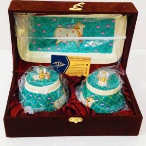 Metal Pichwai Printed Tray With 2 Pichwai Dry Fruits Jars For Diwali Gifts