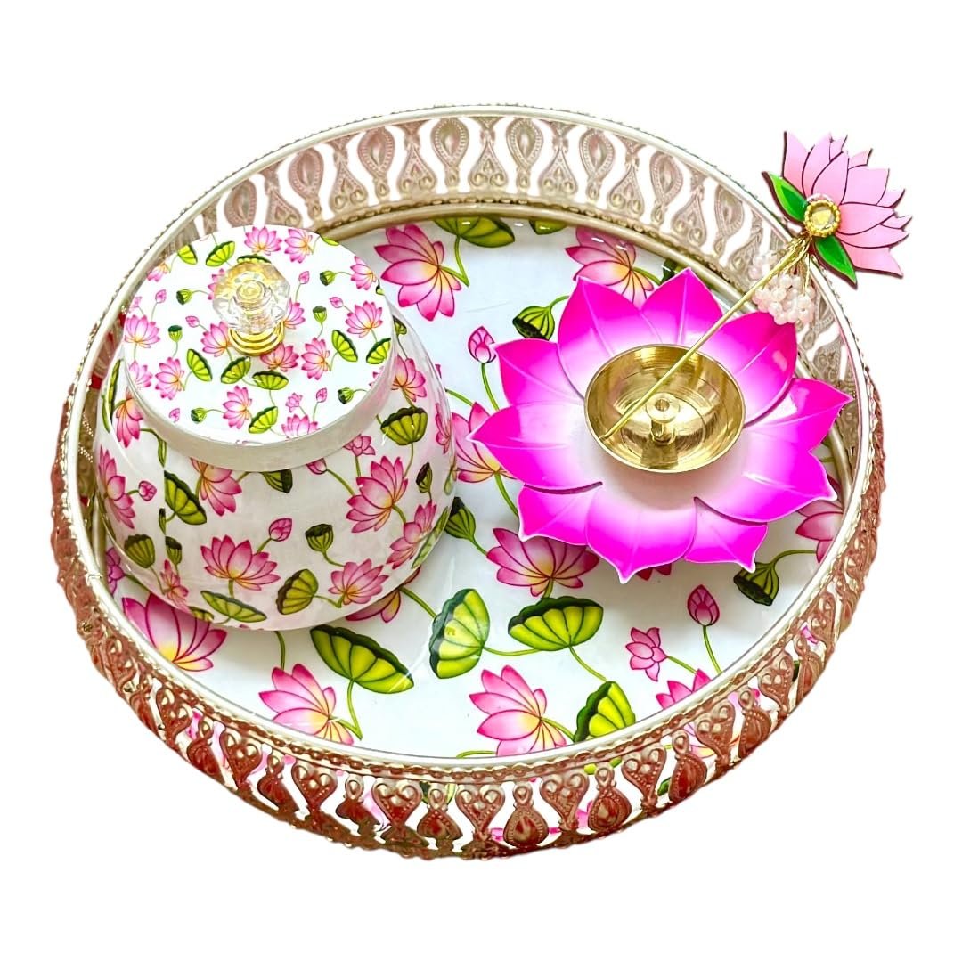 German Silver Decorative Plate with Jar, Diya & Lotus Diya Stick by rayan international