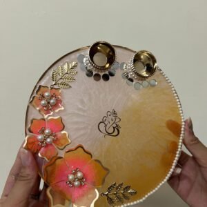 Handmade Resin Ganesh Pooja Thali with Tealight Holders Decorative Floral Puja Plate  Diwali & Wedding Gift  Home Temple Decor